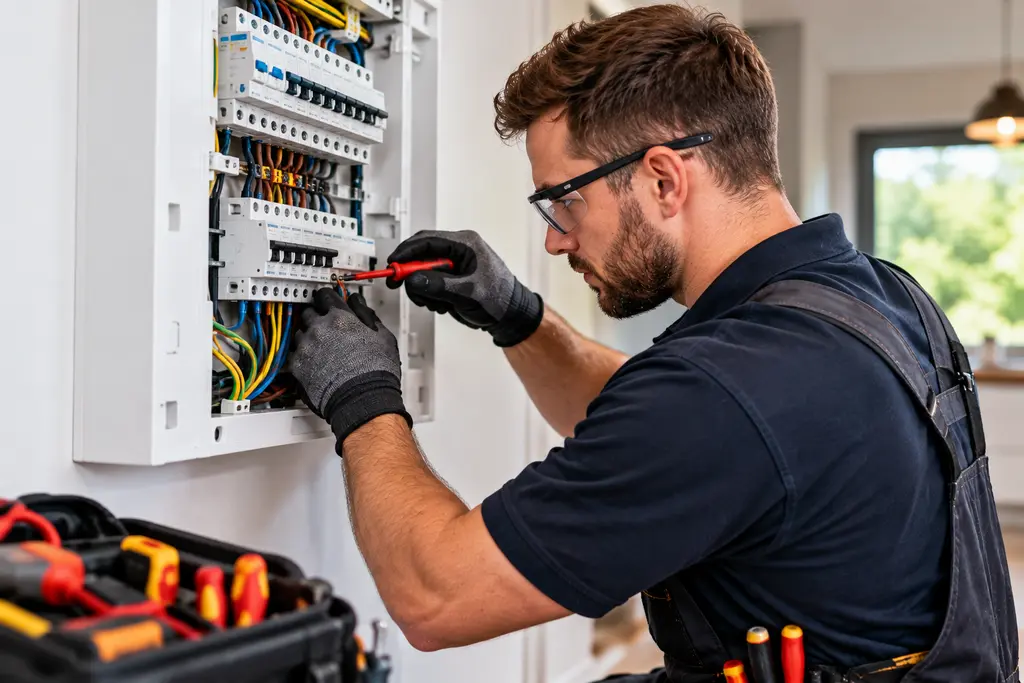 An electrician in safety glasses working on a consumer unit