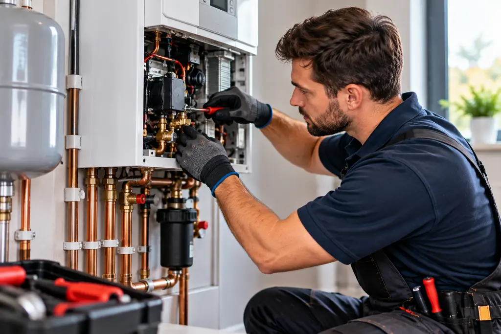 A heating engineer working inside an open wall-mounted boiler