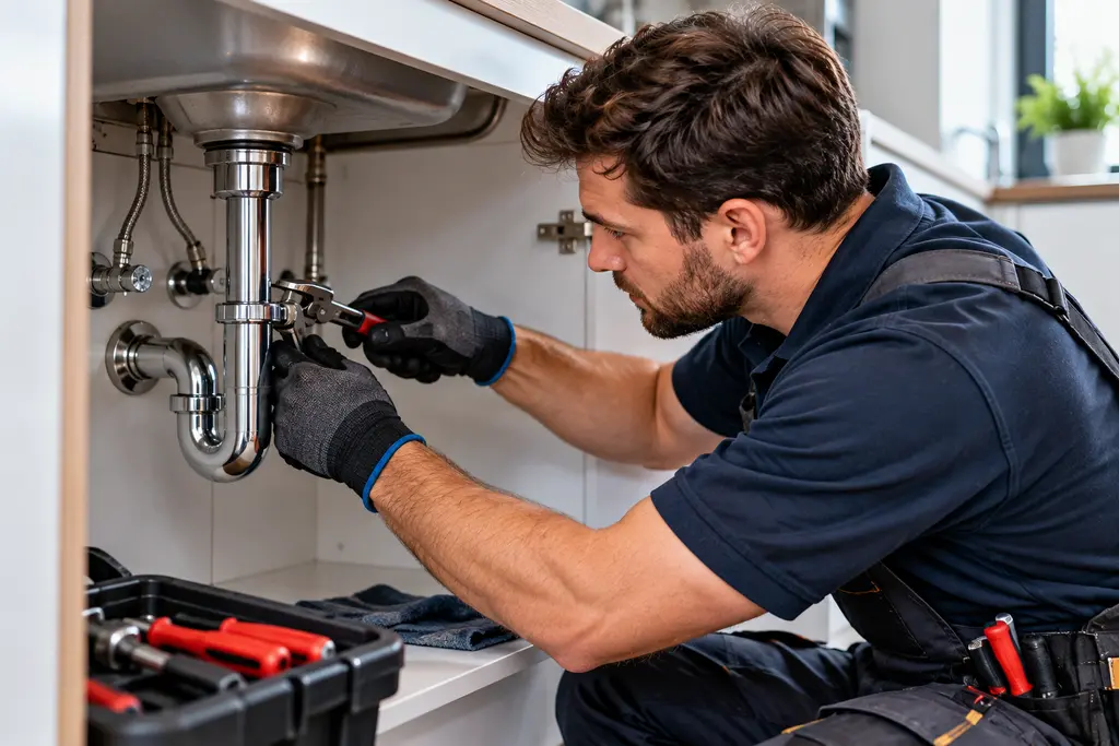 A plumber tightening the waste pipe under a kitchen sink
